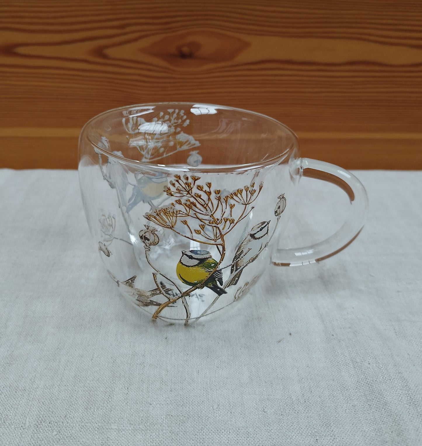 Doppelwandiges Glas mit Griff (Winter-Vögel)