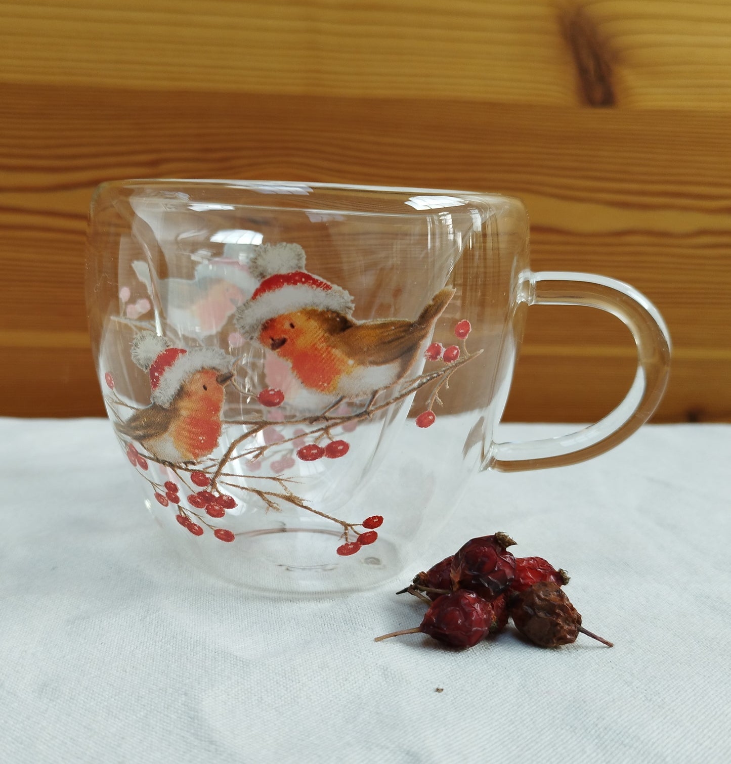 Doppelwandiges Glas mit Griff (Vögel) (weihnachtlich, winterlich)