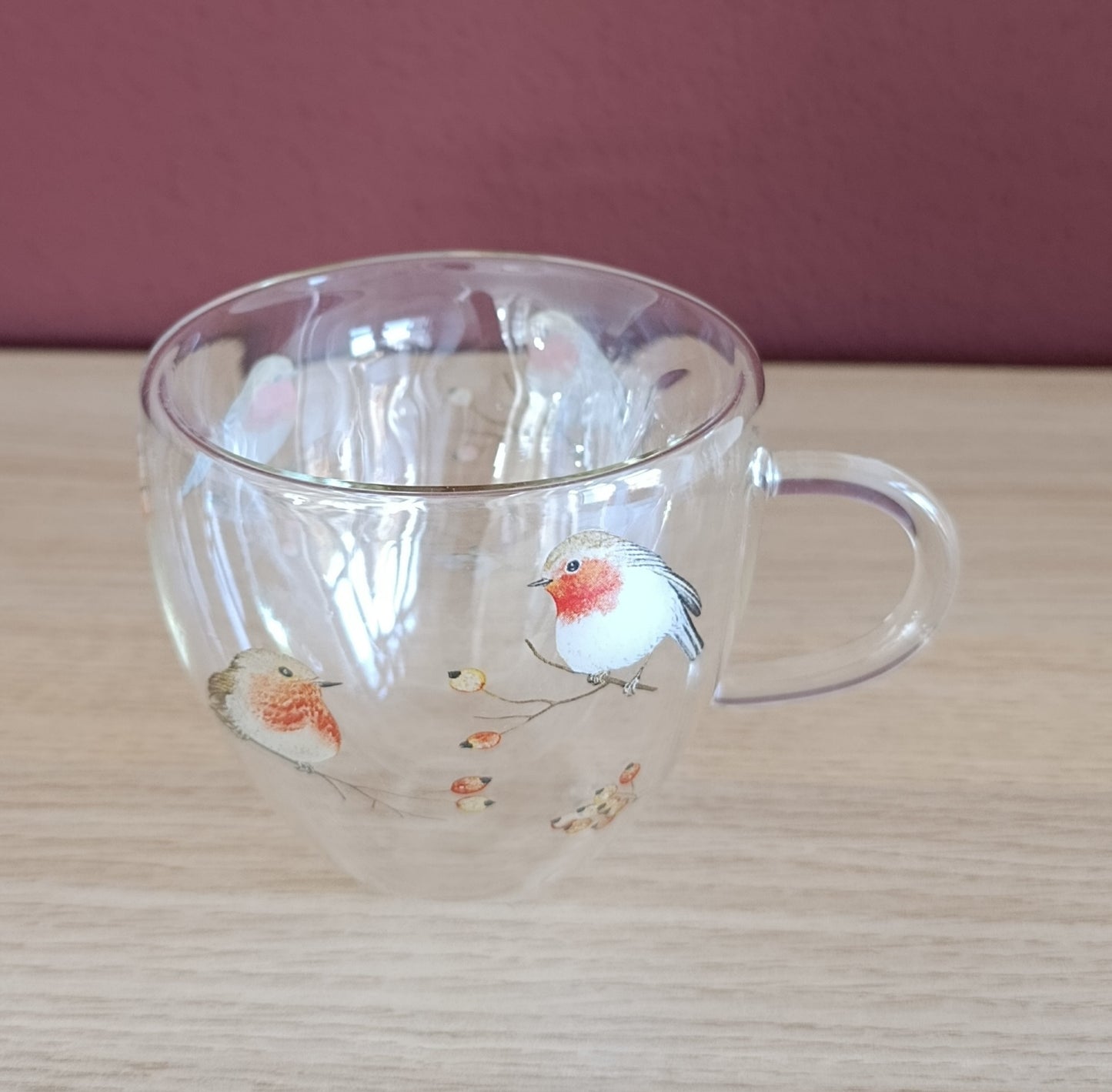 Doppelwandiges Glas mit Griff (Vögel, winterlich)