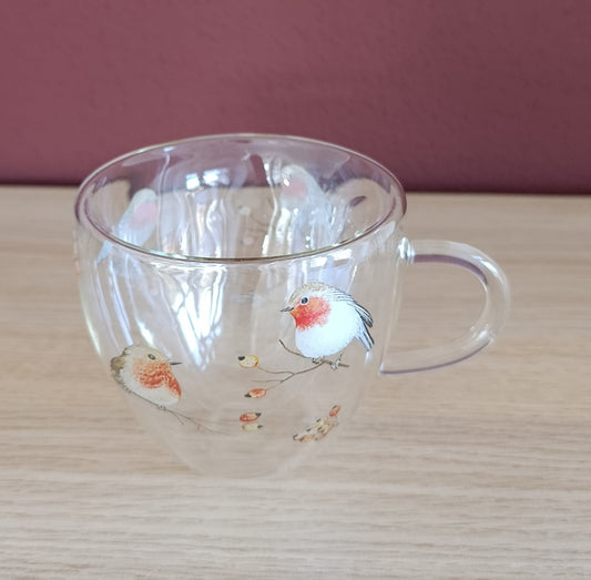 Doppelwandiges Glas mit Griff (Vögel, winterlich)