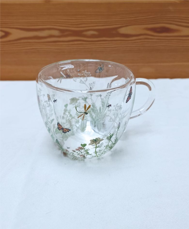 Doppelwandiges Glas mit Griff (zarten Blumen und Schmetterlingen)