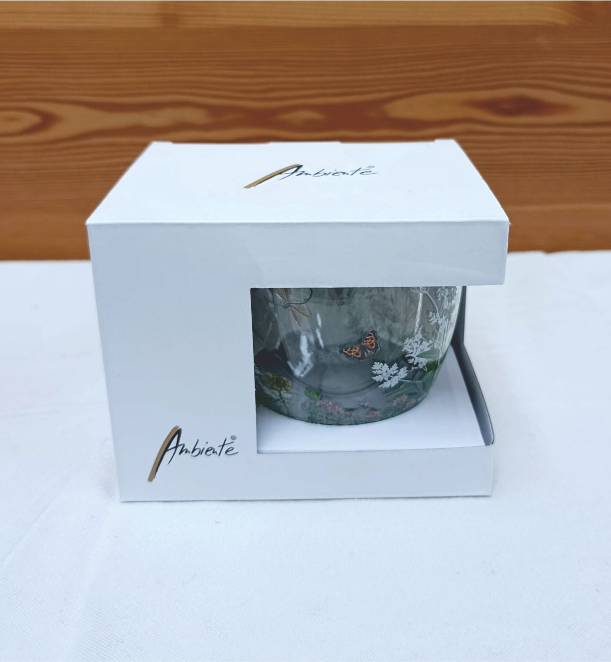 Doppelwandiges Glas mit Griff (zarten Blumen und Schmetterlingen)