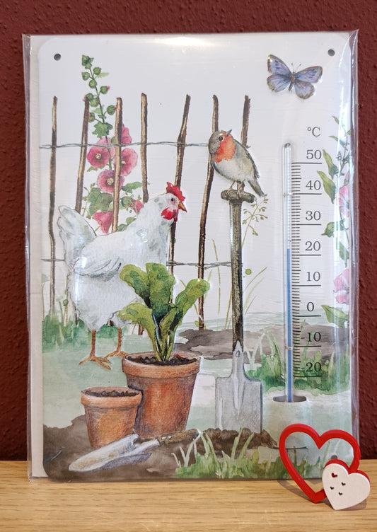 Thermometer aus Blech – Gartenidylle mit Huhn