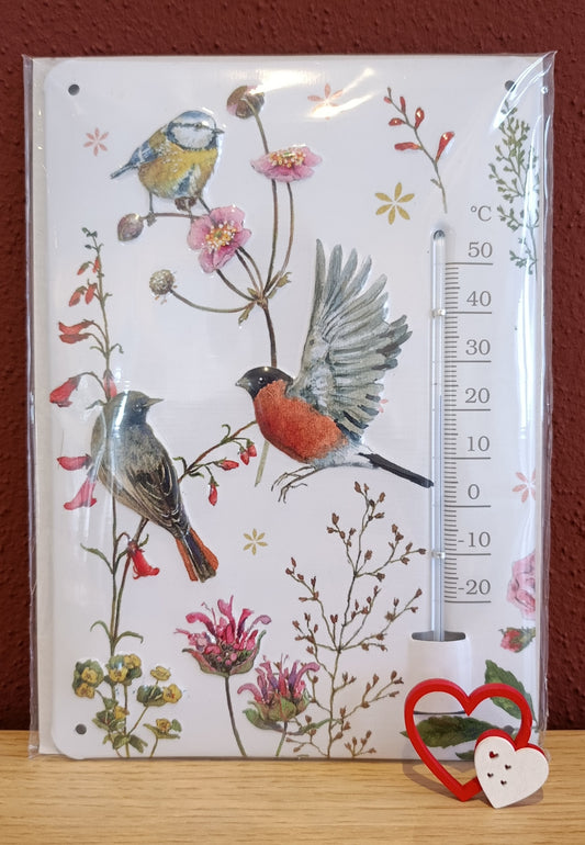 Thermometer aus Blech – Vögel auf Blumen und Gräsern