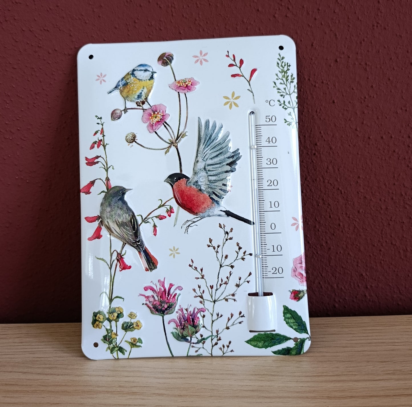Blechthermometer mit Vogelmotiv