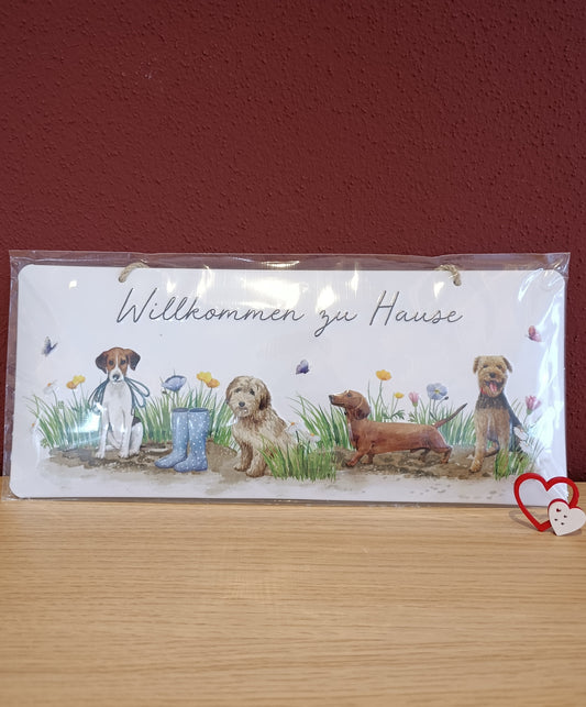Blechschild „Willkommen zu Hause“ – es plätschert vor Gemütlichkeit